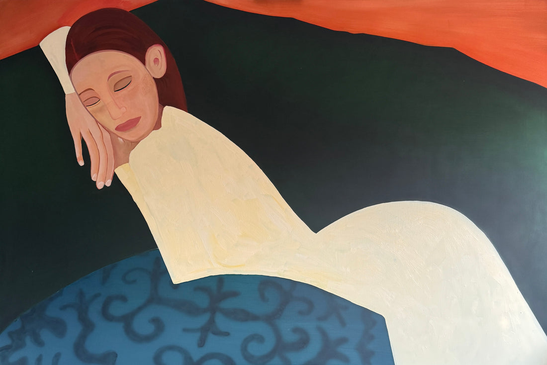 "Daydreaming on a Green-Blue Couch" painting